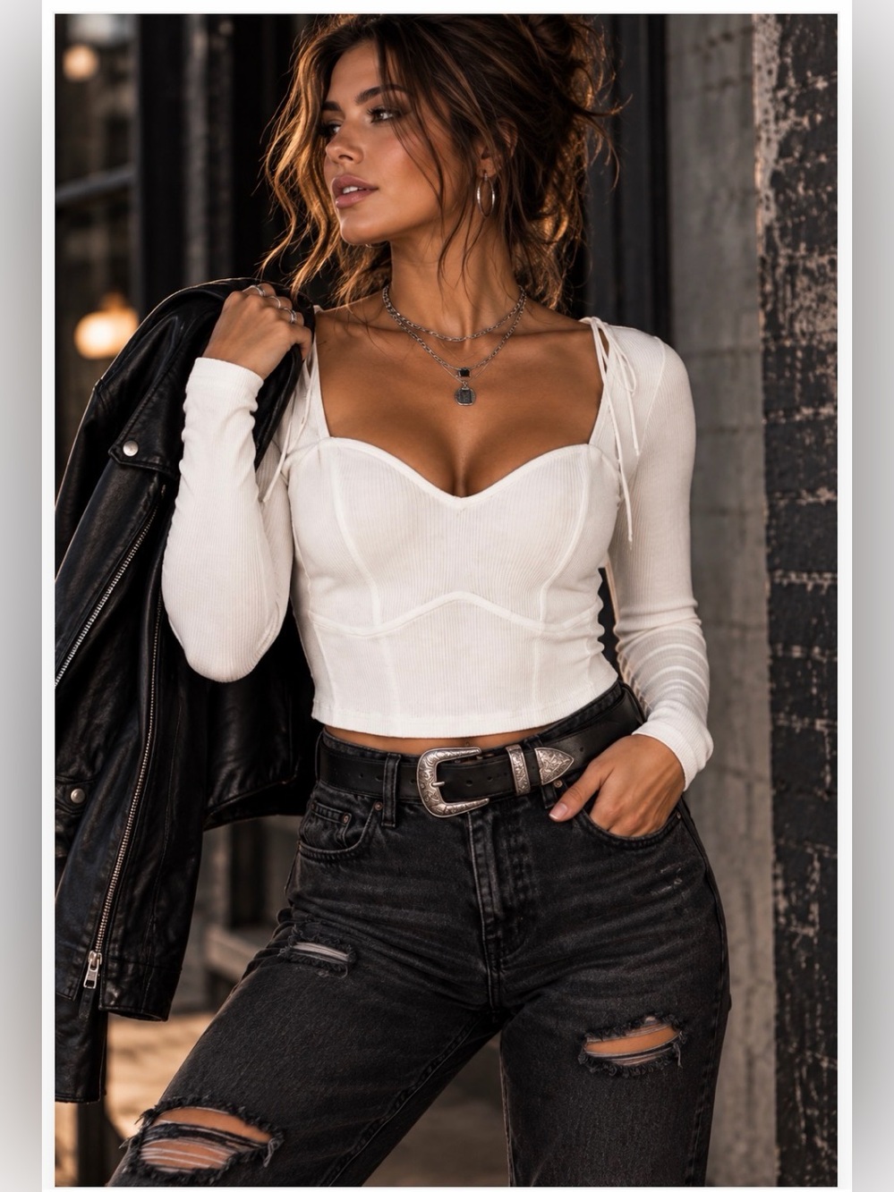 H&M Divided White Ribbed Corset Bustier Crop Top Long Sleeve M